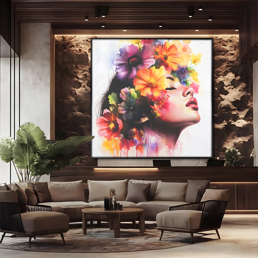 Tablou canvas cu pictura profil femeie cu flori, in rama de aluminiu negru, pe perete intr-un birou